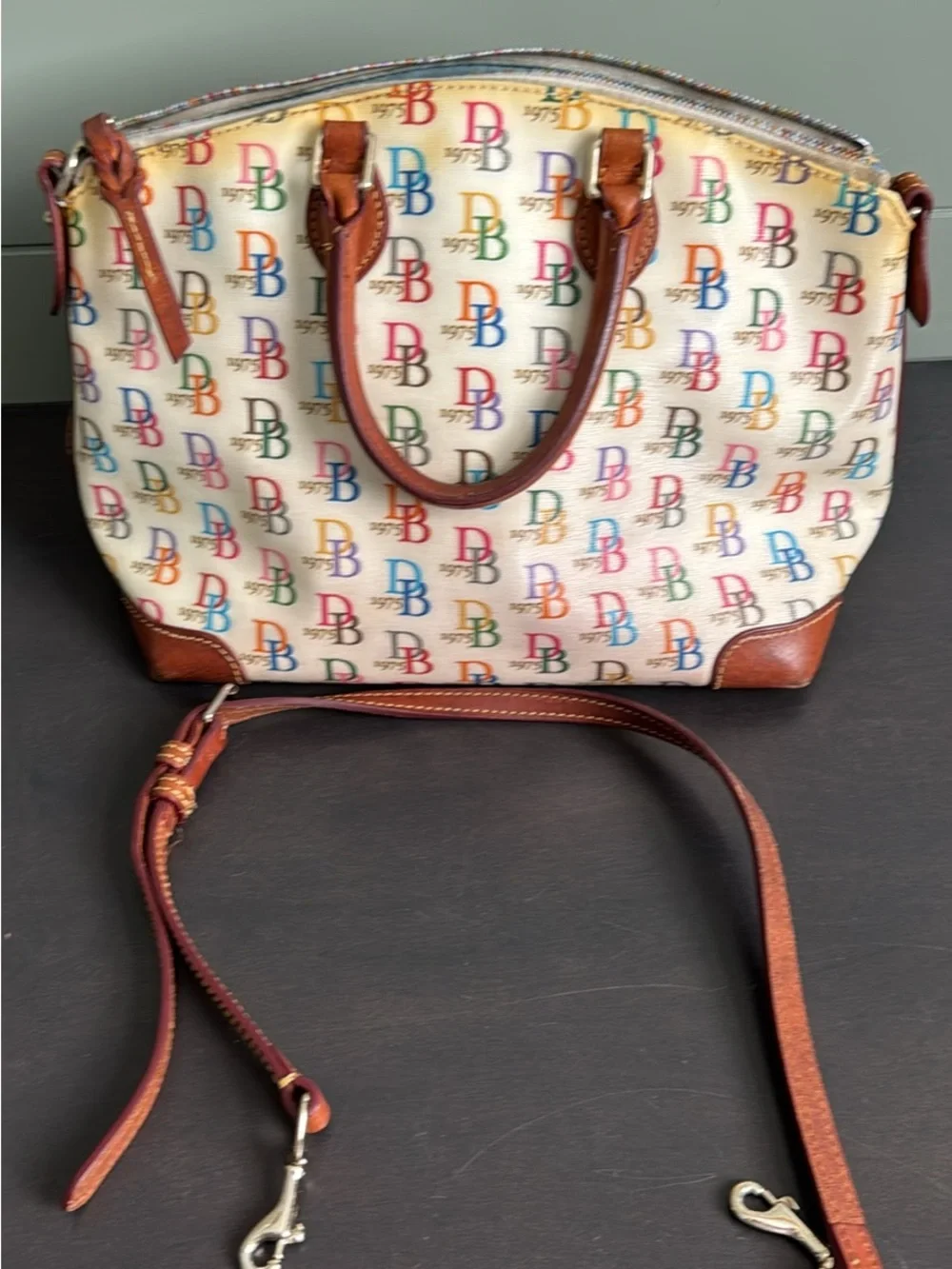 Vintage Dooney & Bourke Multicolor Monogram Satchel with Tan Leather Trim